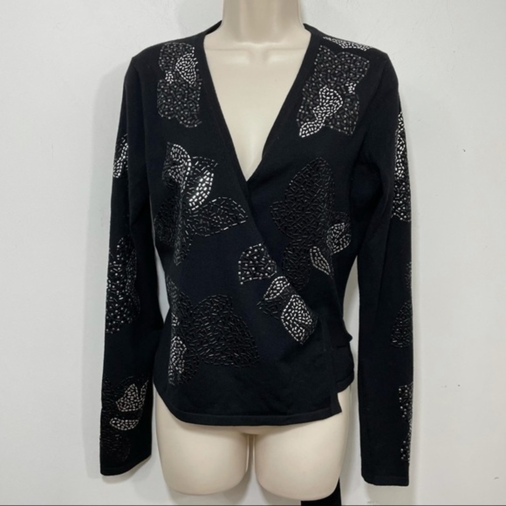 NWT Diane Von Furstenberg ballerina wrap sweater Medium beaded merino wool black